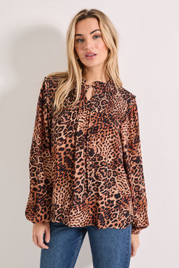 Dorothy Perkins - Leapord Smocked Yoke Tie Detail Blouson Sleeve Printed Top - Brown