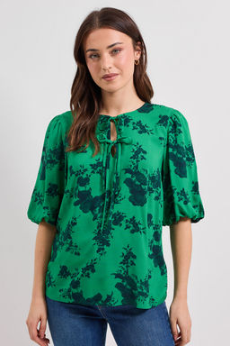 Dorothy Perkins - Tie Detail Puff Sleeve Printed Top - Green