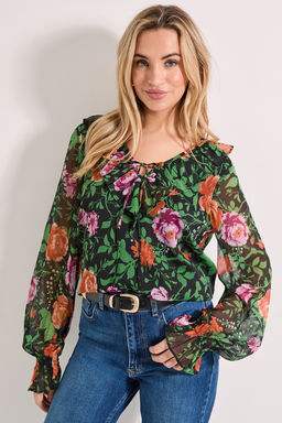 Dorothy Perkins - Ruffle Tie Front Long Sleeve Printed Chiffon Blouse - Multi-Color