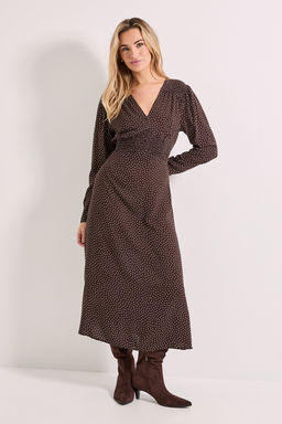 Dorothy Perkins - Chocolate Pinspot Shirred Waist Button Detail Printed Midi Dress - Brown