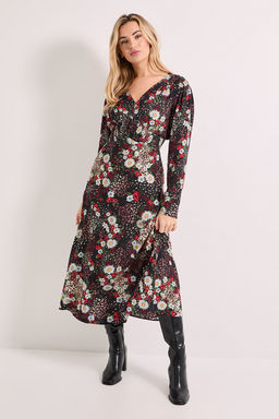 Dorothy Perkins - Patchwork Floral Shirred Waist Button Detail Printed Midi Dress - Multi-Color