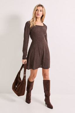 Dorothy Perkins - Chocolate Pin spot Square Neck Lace Trim Mini Dress - Brown