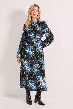 Dorothy Perkins - Floral Spot Frill Waist Detail Blouson Sleeve Midi Dress - Multi-Color