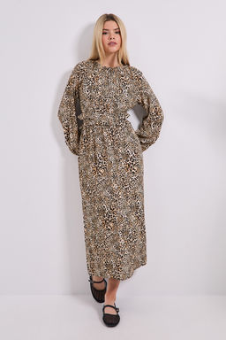 Dorothy Perkins - Animal Frill Waist Detail Blouson Sleeve Midi Dress - Brown