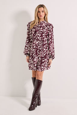 Dorothy Perkins - Animal Frill Yoke Belted Mini Shirt Dress - Burgundy