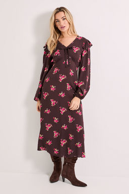 Dorothy Perkins - Chocolate Ditsy Contrast Bow Detail Frill Printed Midi Dress - Brown