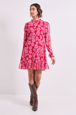 Dorothy Perkins - Pink Daisy Frill Neck Printed Mini Tea Dress