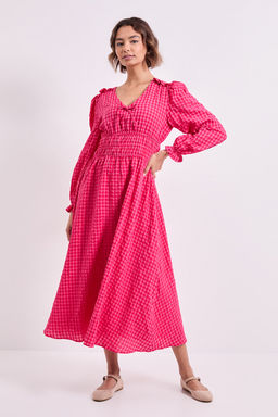 Dorothy Perkins - Shirred Waist Tie Detail Gingham Midi Dress - Pink
