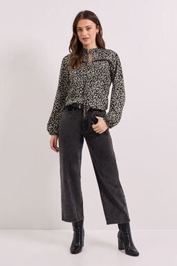 Dorothy Perkins - Mono Animal Tie Neck Detail Blouson Sleeve Jersey Top - Black