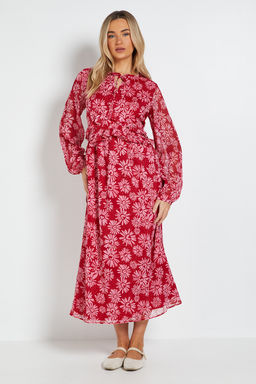 Dorothy Perkins - Pink Daisy Tie Neck Frill Detail Trapeze Printed Midi Dress
