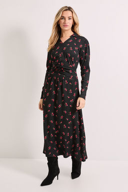 Dorothy Perkins - Floral Collared Shirred Back Long Sleeve Jersey Midi Dress - Black