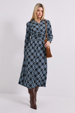 Dorothy Perkins - Gingham Collared Shirred Back Long Sleeve Jersey Midi Dress - Navy Blue