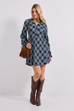 Dorothy Perkins - Gingham Button Detail Blouson Sleeve Jersey Mini Dress - Navy Blue