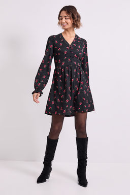 Dorothy Perkins - Floral Button Detail Blouson Sleeve Jersey Mini Dress - Black