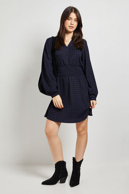 Dorothy Perkins - Gingham Shirred Waist Collar Detail Jersey Mini Dress - Navy Blue