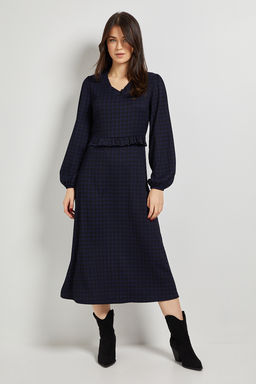 Dorothy Perkins - Gingham Frill Scoop Neck Blouson Sleeve Jersey Midi Dress - Navy Blue