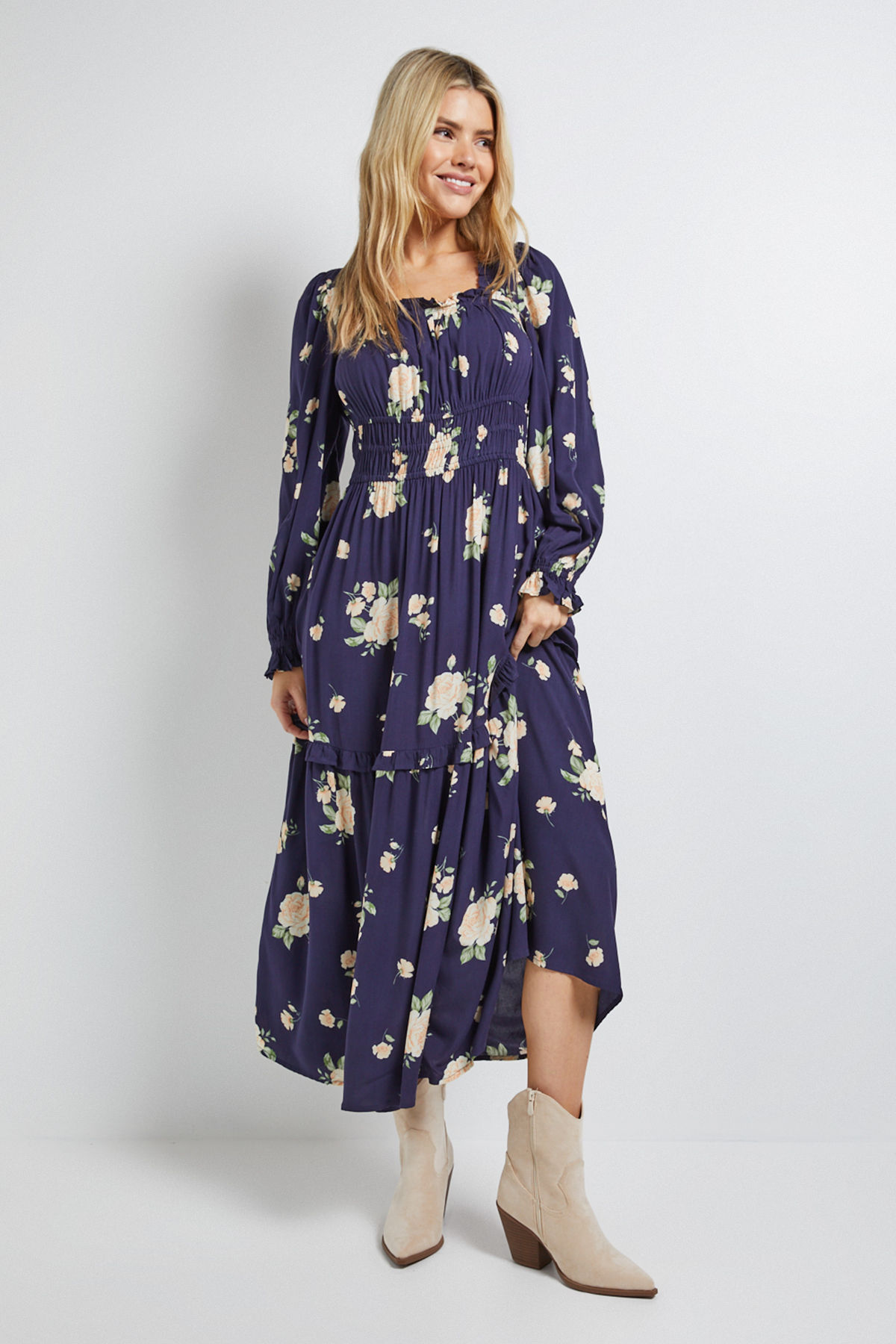 dorothy perkins Navy Floral Square Neck Blouson Sleeve Tiered Maxi Dress - Navy Blue-picture-24