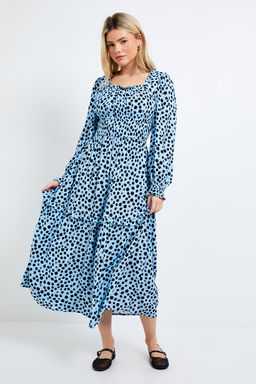 Dorothy Perkins - Blue Spot Square Neck Blouson Sleeve Tiered Midi Dress