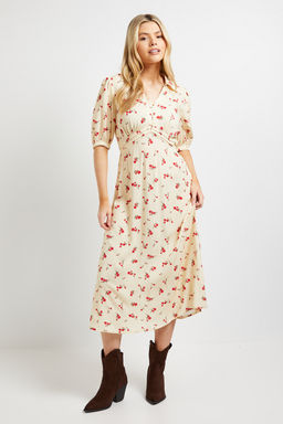 Dorothy Perkins - Yellow Ditsy Collared Button Detail Puff Sleeve Midi Dress