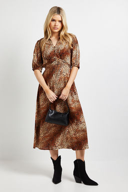 Dorothy Perkins - Leopard Collared Button Detail Puff Sleeve Midi Dress - Brown