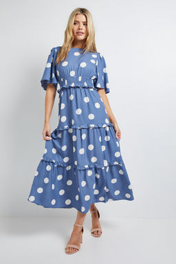 Dorothy Perkins - Blue Spot Shirred Waist Angel Sleeve Tiered Midi Dress
