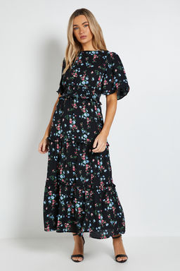 Dorothy Perkins - Black Ditsy Shirred Waist Angel Sleeve Tiered Maxi Dress