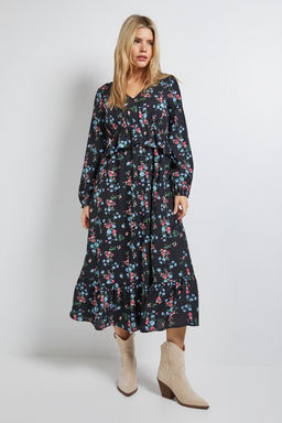 Dorothy Perkins - Black Ditsy Shirred Waist Long Sleeve Midi Dress
