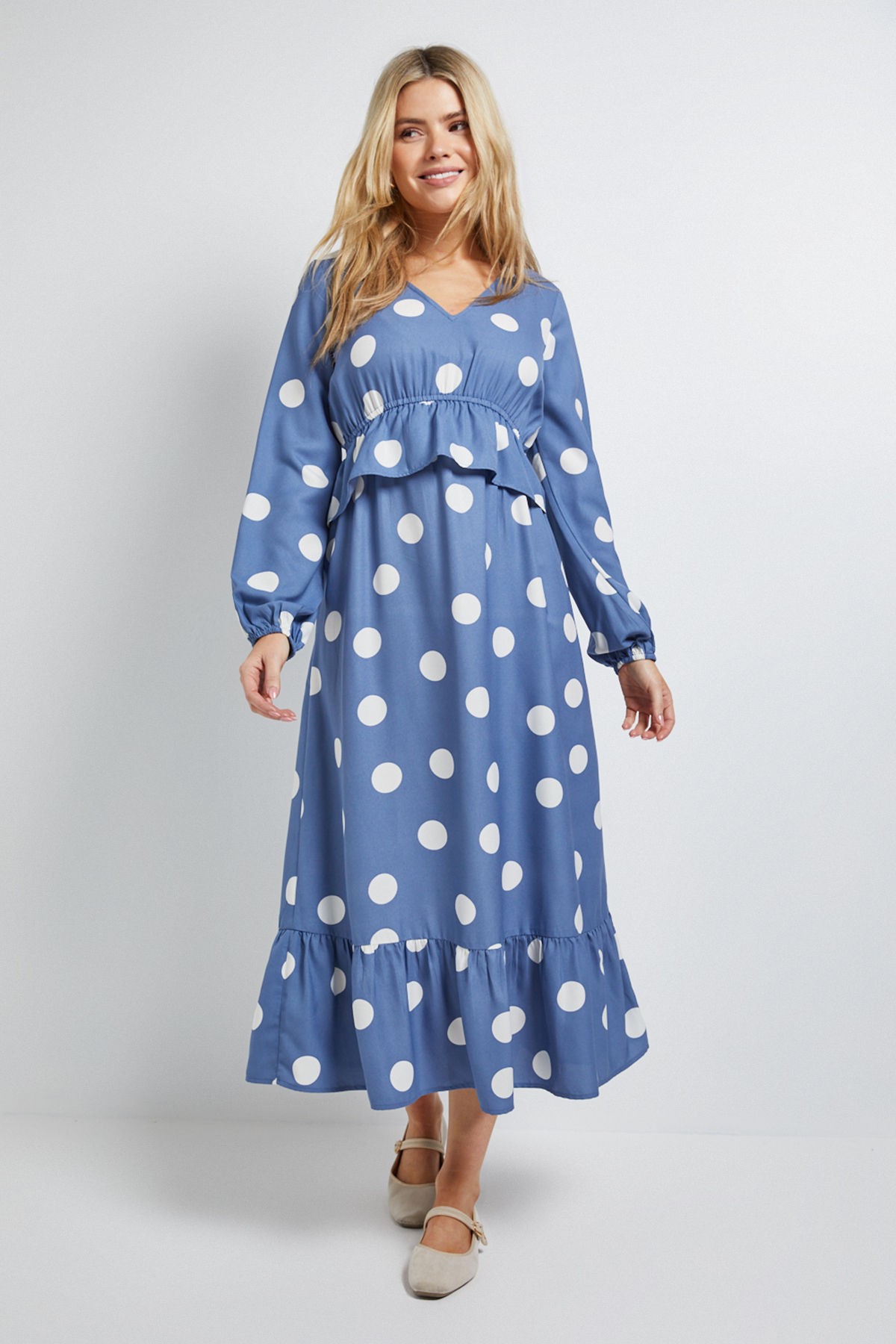dorothy perkins Blue Spot Shirred Waist Long Sleeve Midi Dress-picture-44