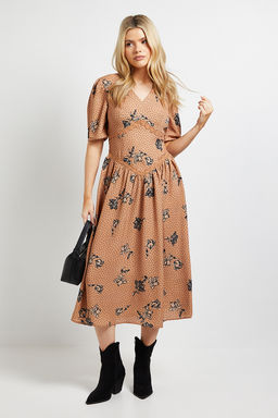 Dorothy Perkins - Stone Floral Lace Detail Dropped Waist V-Neck Printed Midi Dress - Brown