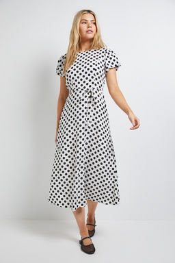 Dorothy Perkins - Mono Spot Tie Back Detail Puff Sleeve Midi Dress - White