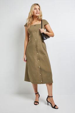 Dorothy Perkins - Bengaline Button Down Midi Dress - Khaki