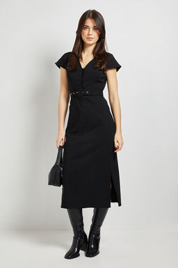 Dorothy Perkins - Bengaline Belted Button Down Midi Dress - Black