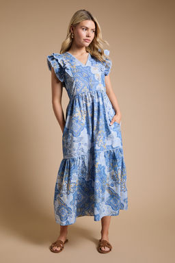 Dorothy Perkins - (Q) Blue Paisley Lace Trim V-Neck Printed Poplin Midi Dress