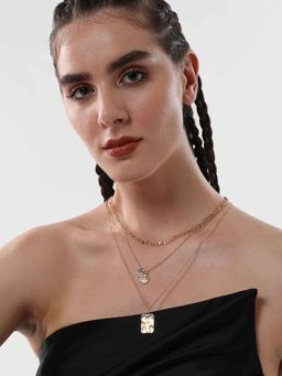 Sohi - Womens The Antique Gold Dented Charm Multi-Layer Necklace