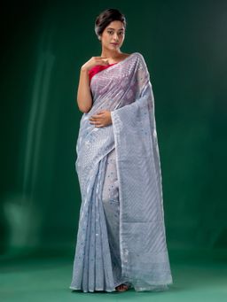 CHARUKRITI - Steel Grey Cotton Silk Handwoven Soft Jamdani Saree without Blouse