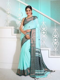 CHARUKRITI - Sea Green Cotton Handspun Saree with Woven Zari Motifs and Borders with Unstitched Blouse