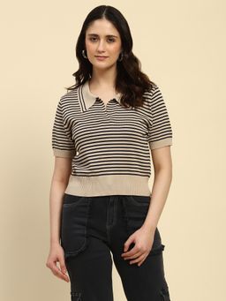 Global Republic - Beige Viscose Stripes Pattern T-Shirt for Women