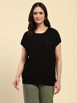 Global Republic - Black Viscose Self Design Pattern Round Neck Top for Women