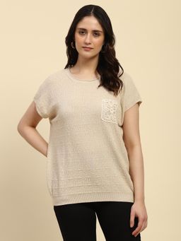 Global Republic - Beige Viscose Self Design Pattern Round Neck Top for Women