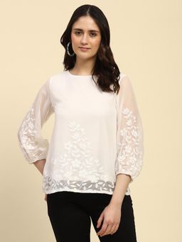 Global Republic - White Chiffon Embroidery Relaxed Fit Blouse For Women