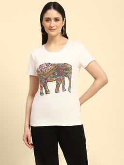 Global Republic - White Cotton Graphic Print Round Neck T-Shirt for Women