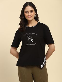 Global Republic - Black Cotton Embroidery and Print T-Shirt for Women