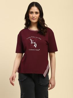 Global Republic - Wine Cotton Embroidery and Print T-Shirt for Women