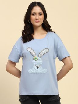 Global Republic - Blue Cotton Sequin and Embroidery T-Shirt for Women