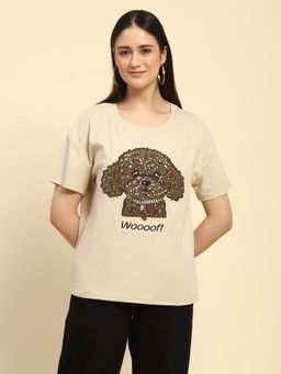 Global Republic - Beige Cotton Sequin Stones and Embroidery T-Shirt for Women