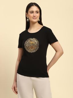 Global Republic - Black Cotton Beads and Sequin Embellishment and Embroidery T-Shirt for Women