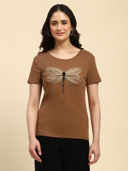 Global Republic - Brown Cotton Beads and Sequin Embellishment and Embroidery T-Shirt for Women