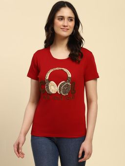 Global Republic - Maroon Cotton Beads and Sequin Embellishment and Embroidery T-Shirt for Women