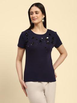 Global Republic - Navy Blue Cotton Beads and Sequin Embellishment and Embroidery T-Shirt for Women