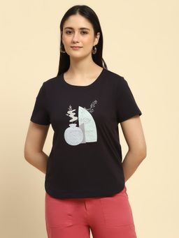 Global Republic - Navy Blue Cotton Embossed Print Sequin Embroidery T-Shirt for Women